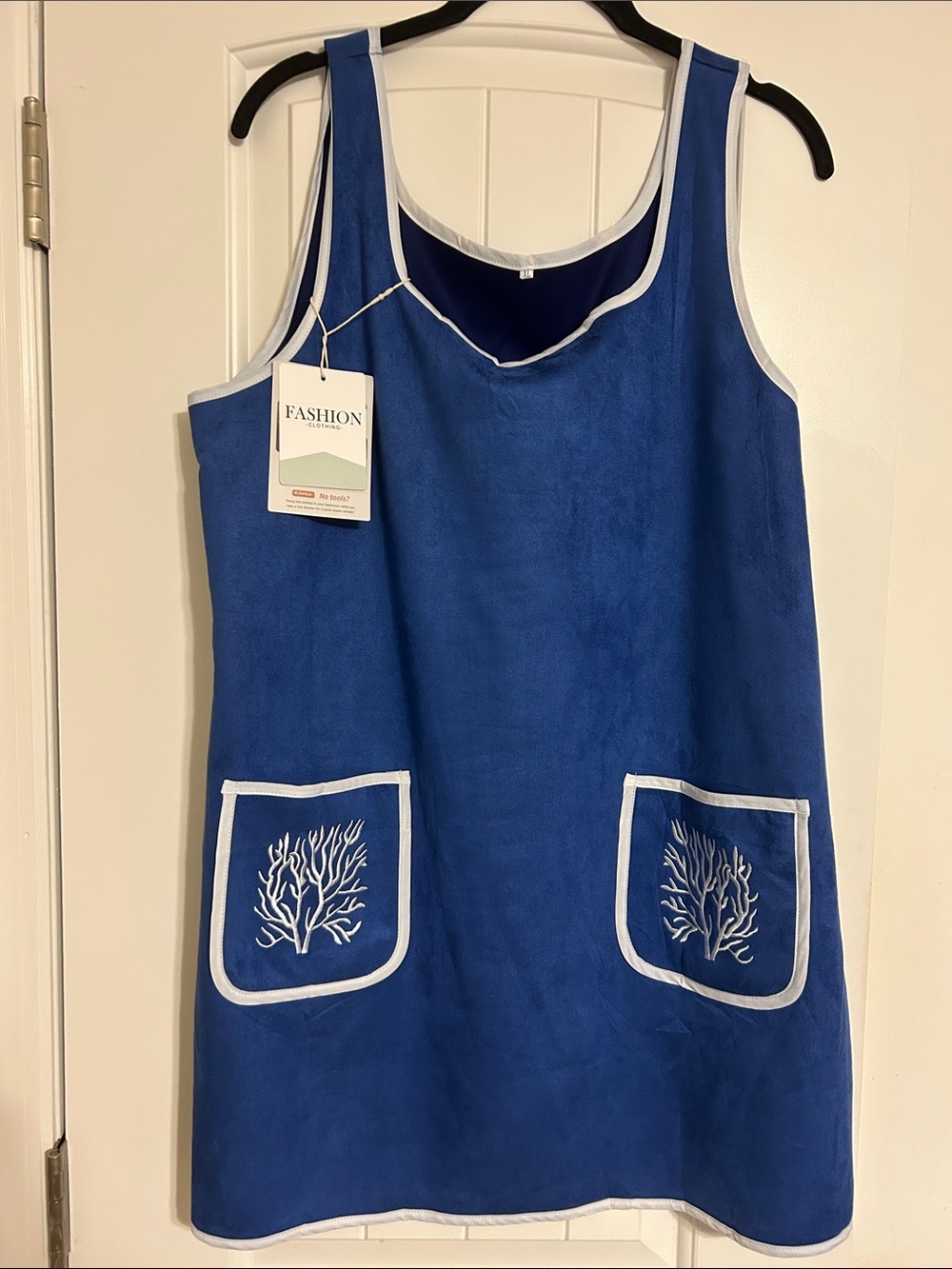 Amazon Blue Swim Coverup with White Trim and Pocket Coral Embroidery